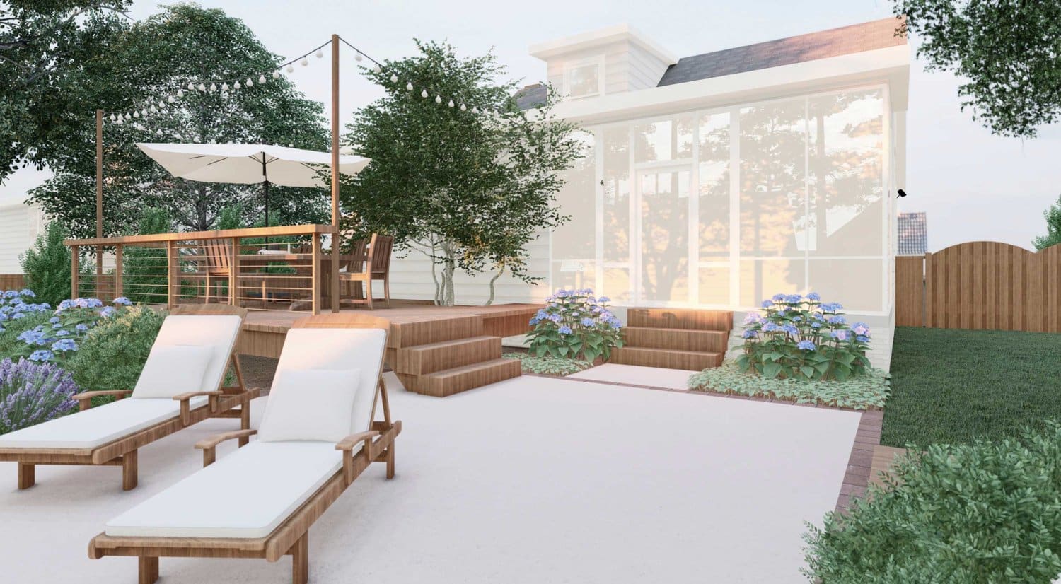 阿灵顿优雅的前院阳光躺椅在混凝土地板上，鲜花和树木，和甲板露台与串灯在座位区