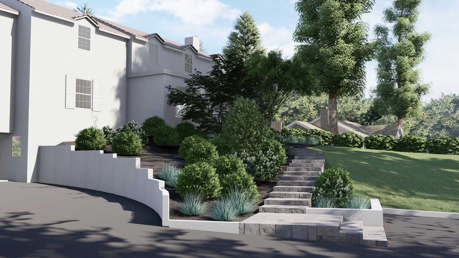 阿灵顿前院草坪，混凝土摊铺机楼梯，挡土墙植物和树木