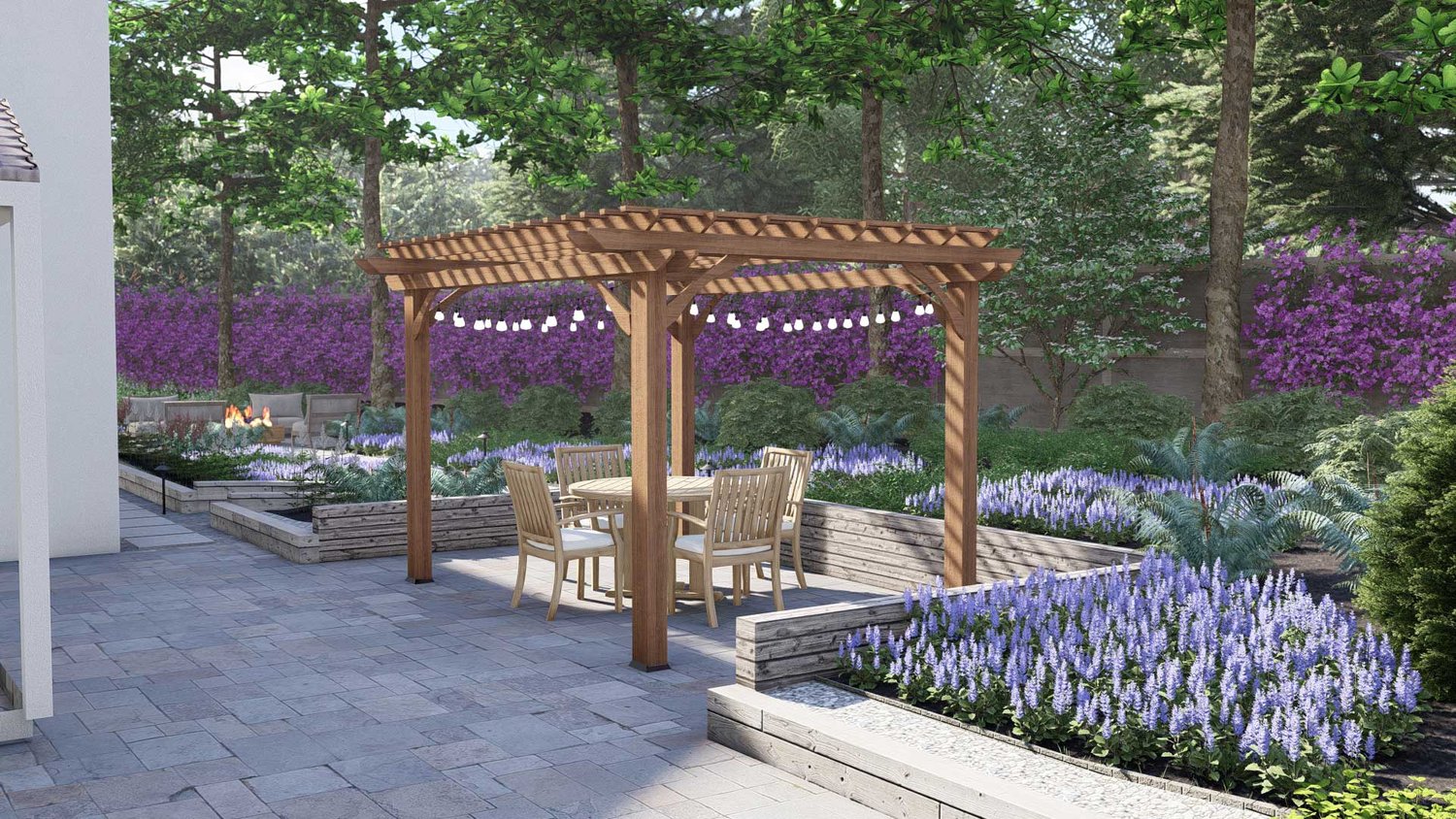 阿灵顿后院显示摊铺机露台与凉架在座位区，和美丽的花卉周围