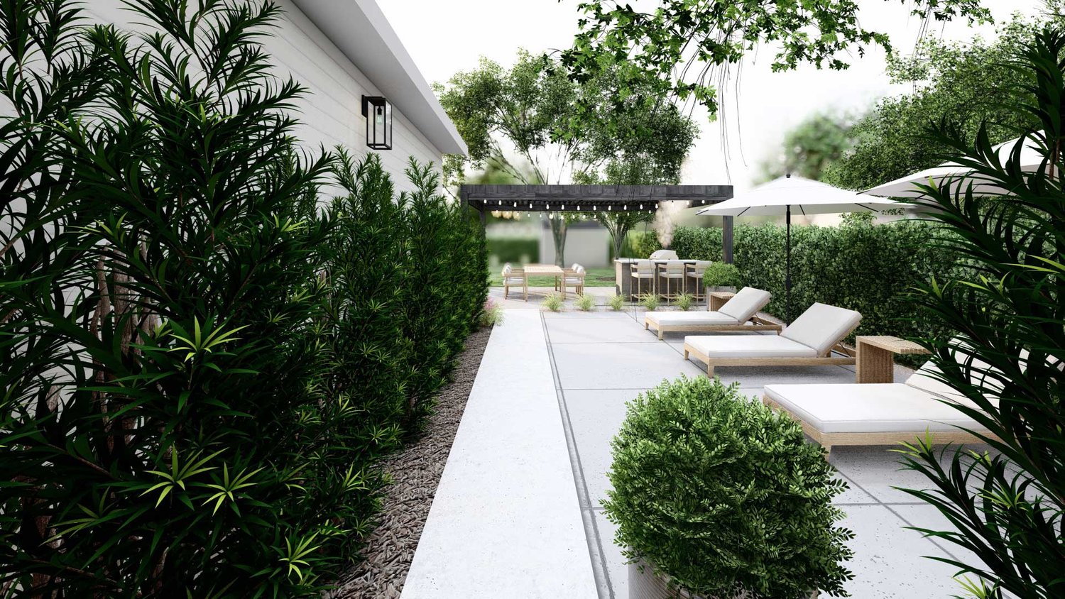 阿灵顿侧院显示混凝土摊铺机太阳躺椅，室外厨房和餐厅上方的植物和凉棚