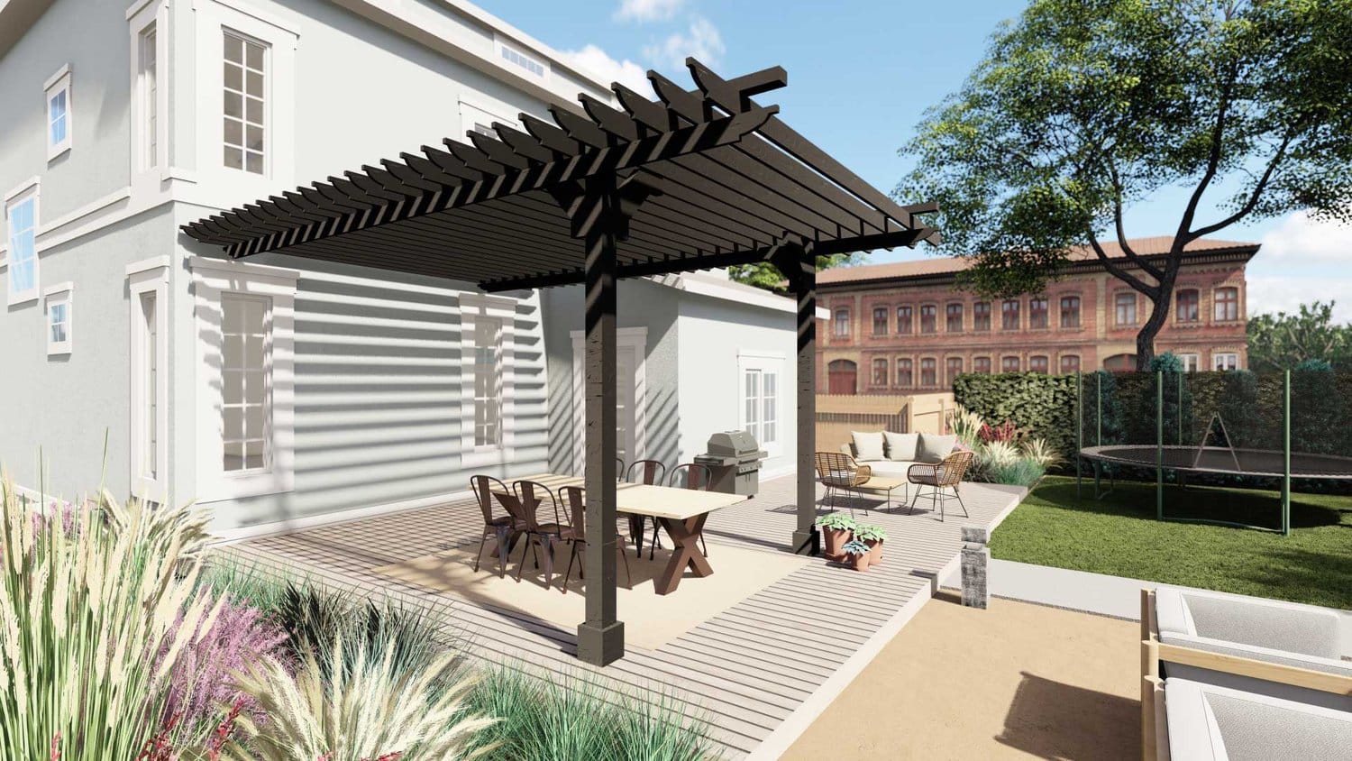 莱克伍德后院显示露台与藤架在用餐区，户外厨房和休息区，草坪区与蹦床