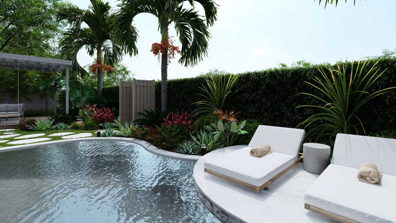 坦帕后院泳池花园设计，混凝土甲板，阳光躺椅