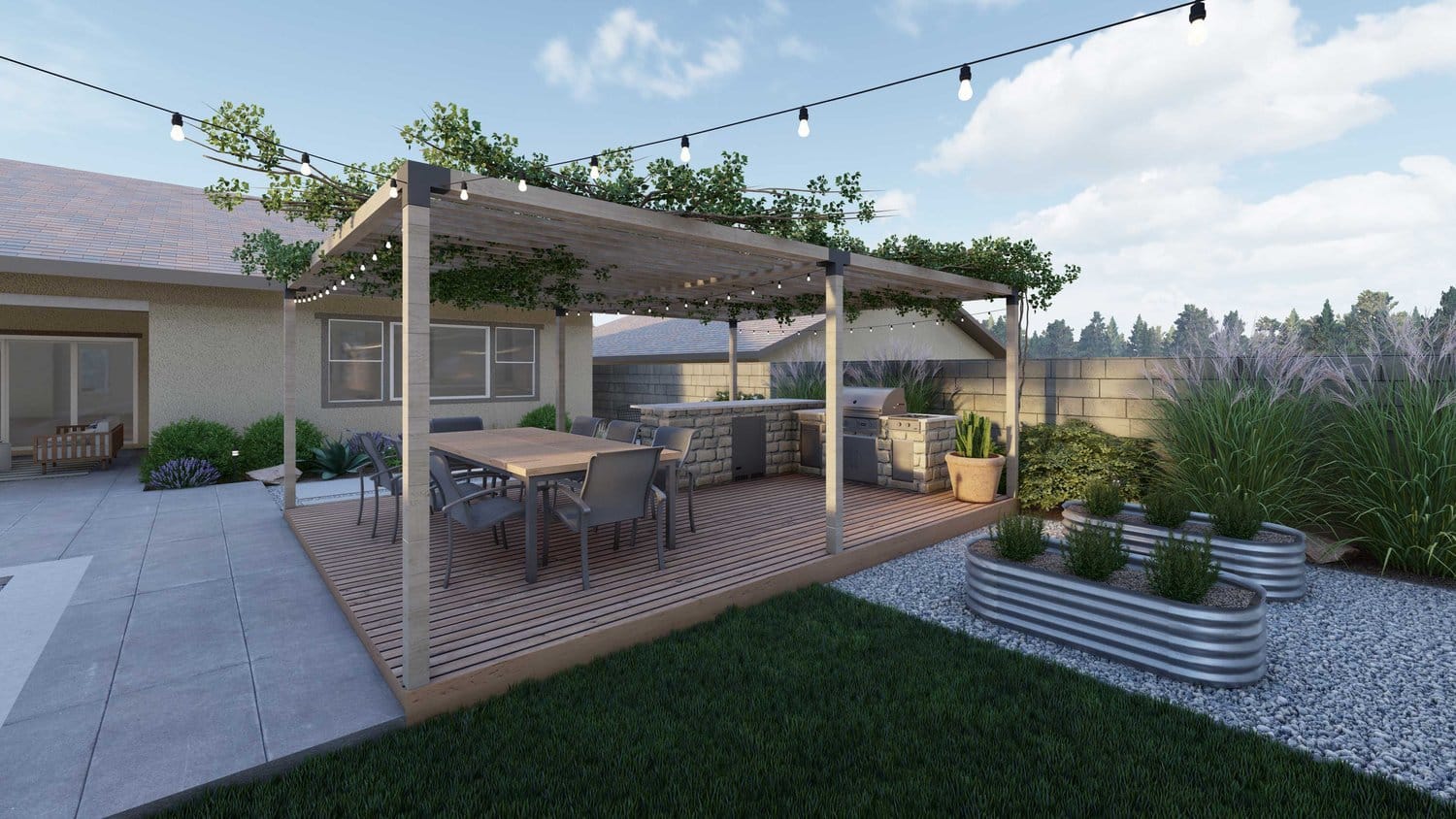 千橡市与绿廊后院甲板露台户外厨房和餐厅,除了提高花园床