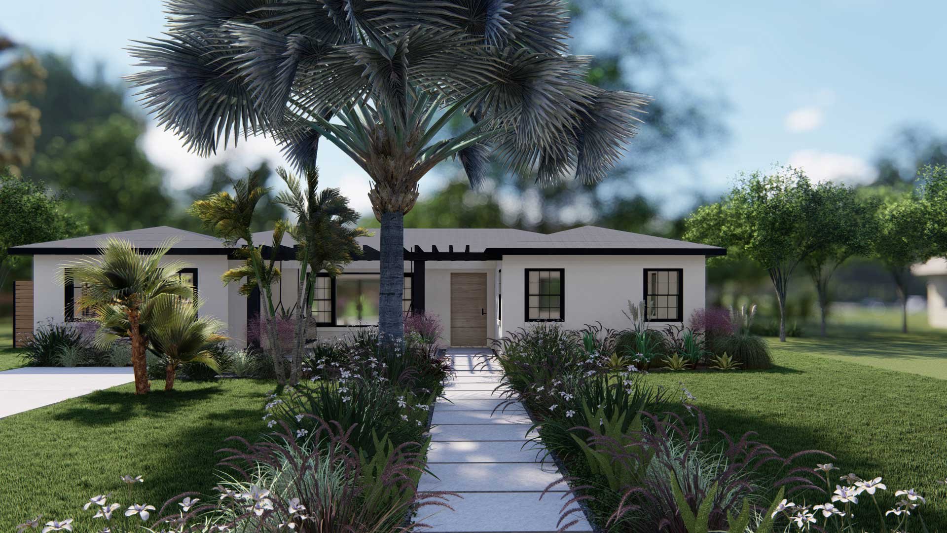手掌、蕨类植物和多年生植物创造一个轻松的热带环境补充一个新的黑绿廊和复苏的户外生活空间在一个低矮的平房院子里。