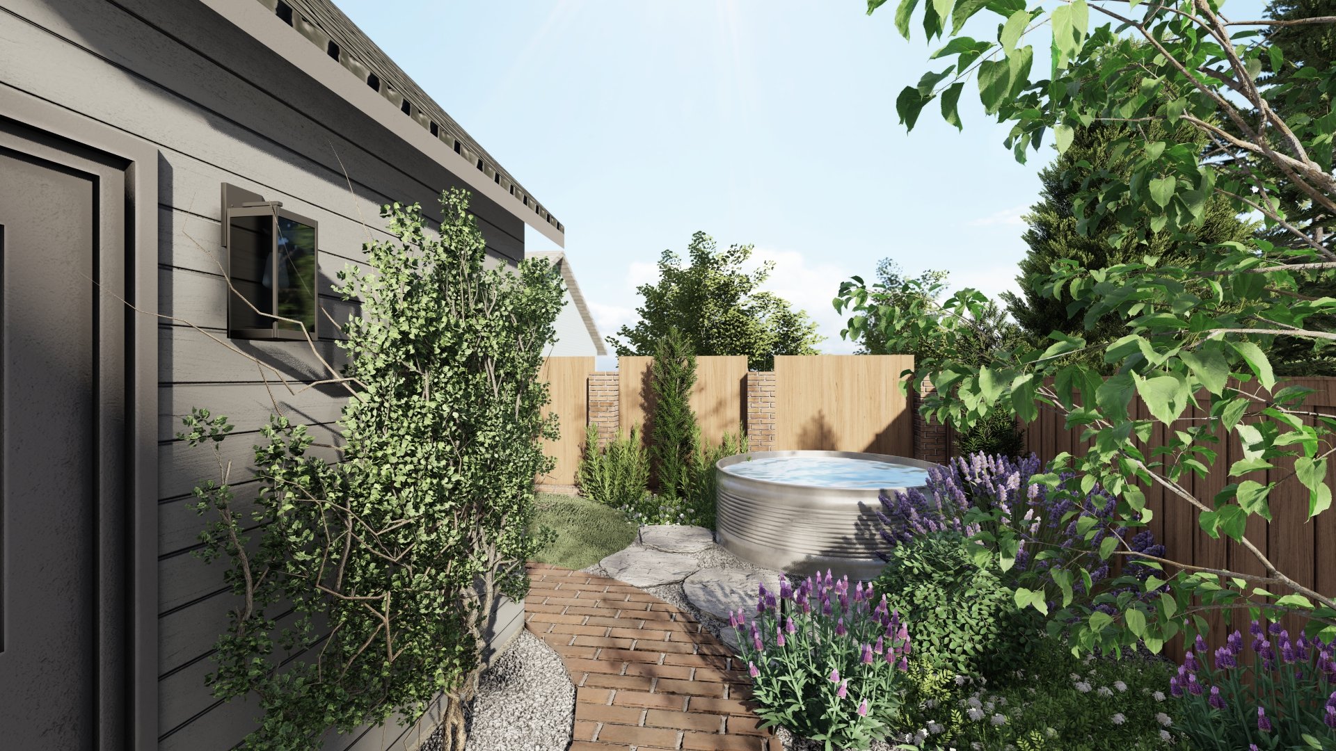一个小的后院景观设计，砖砌人行道，beplay手机官网app储水池，和郁郁葱葱的种植与紫色的花朵。