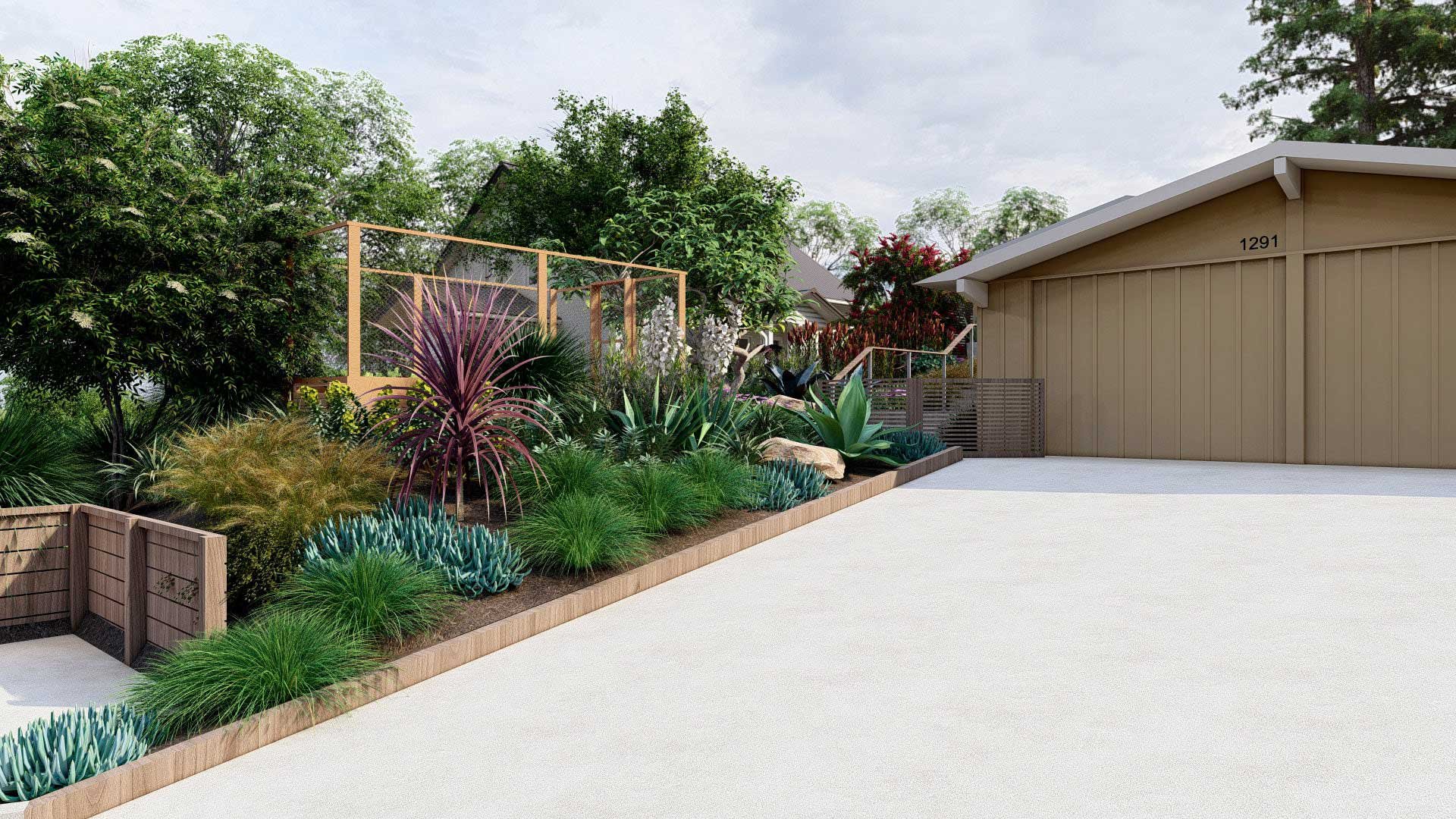 蔬菜床靠近车库和车道斜坡前院景观设计beplay手机官网app