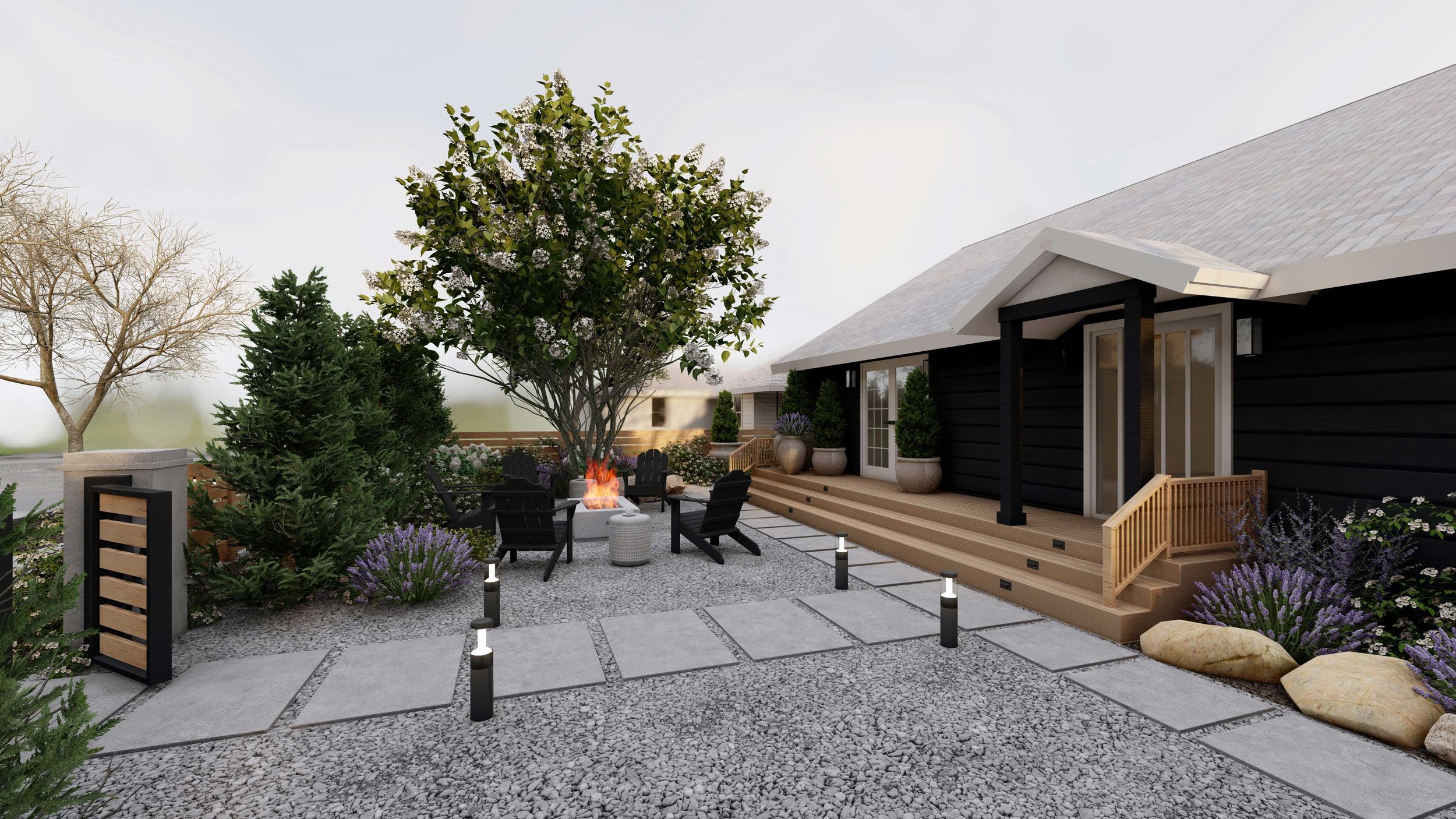 现代前院景观设计与阿迪朗达克椅子周围beplay手机官网app的火坑