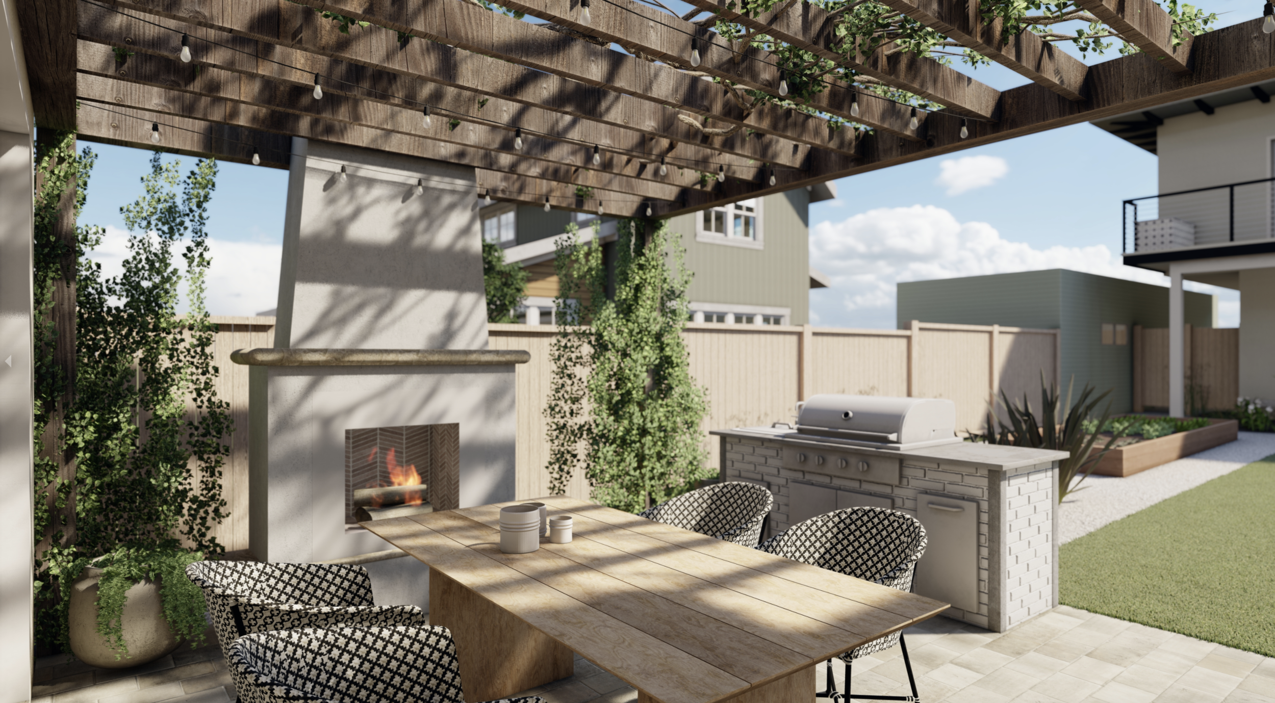 户外厨房和用餐区与壁炉在圣地亚哥，加州景观设计beplay手机官网app