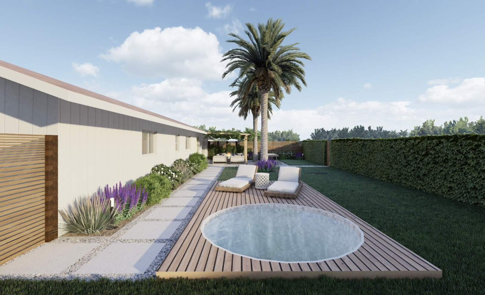 后院设计与甲板上的库存水池与相邻的躺椅和棕榈树的背景。