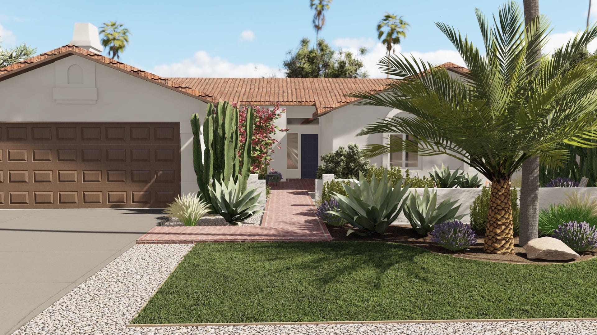 前院设计的3D渲染，有大型多汁花园和带墙的露台