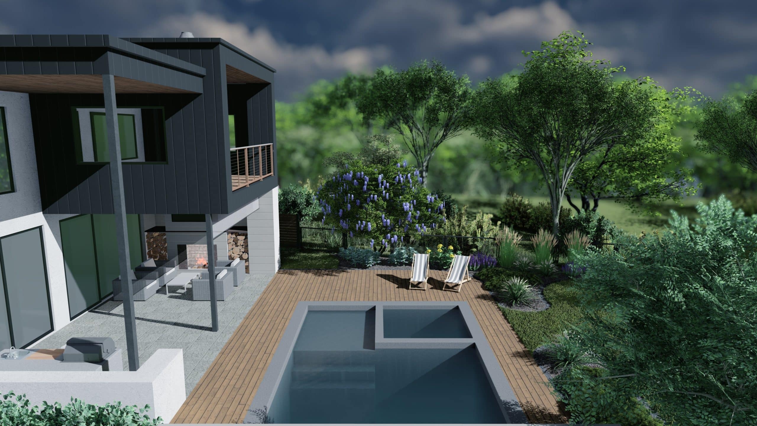 从泳池、泳池甲板和躺椅的侧面看，后院的3D设计渲染