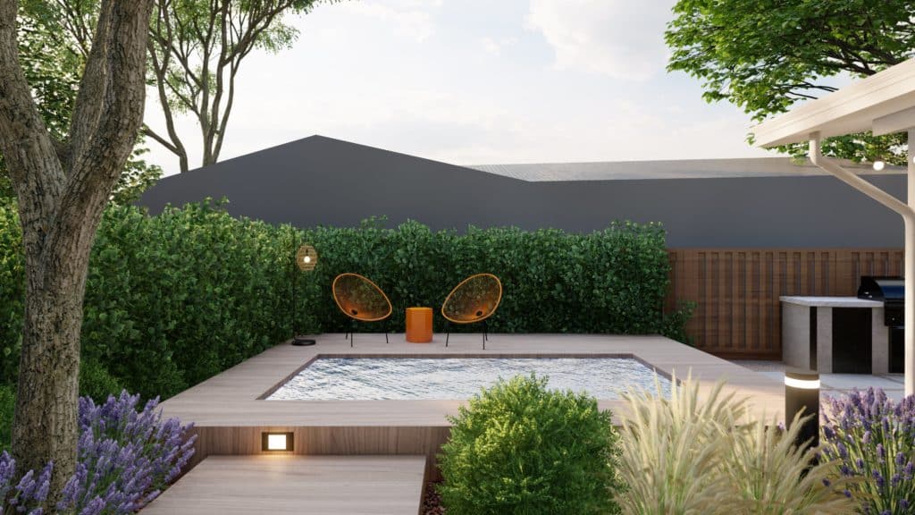 庭院渲染的升高的加热跳水池与timbertech泳池甲板，休息区，以及前景的树木和植物
