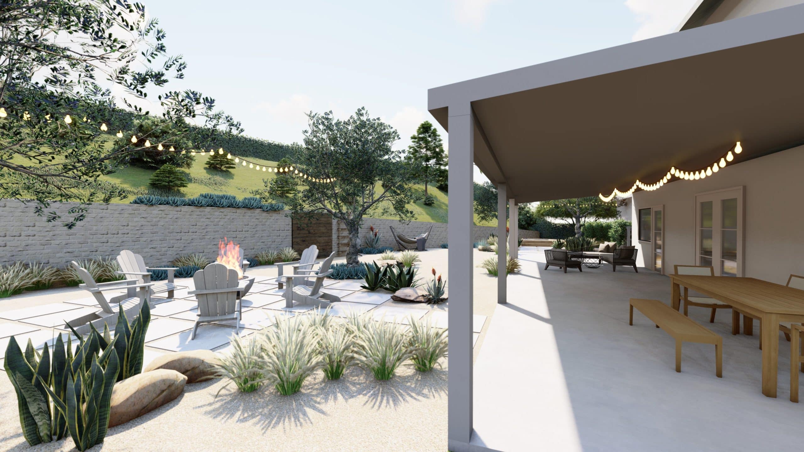 院子的3D设计渲染，有覆盖的户外用餐区，火坑座位区，和挡土墙