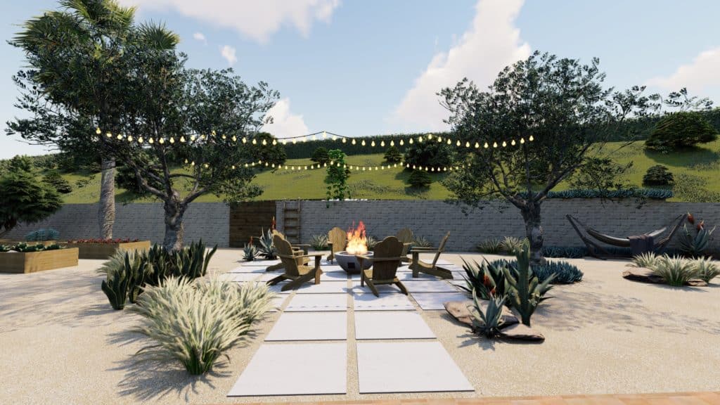 火灾安全Yardzen后院设计仙人掌及多肉植物在一个座位区