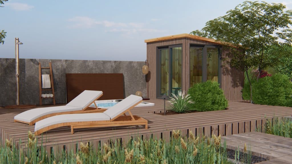 俄勒冈后院景观设计中靠近热水浴缸和户外休息区的棚式冥想或健身室beplay手机官网app