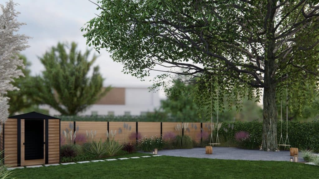 后院景观设计，有观beplay手机官网app赏草和通往储物棚的铺路走道