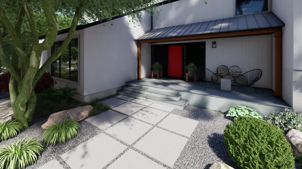 一扇红色的门与灰色的外部和绿色的植物形成鲜明的对比，这是新泽西普林斯顿Yardzen的景观设计beplay手机官网app