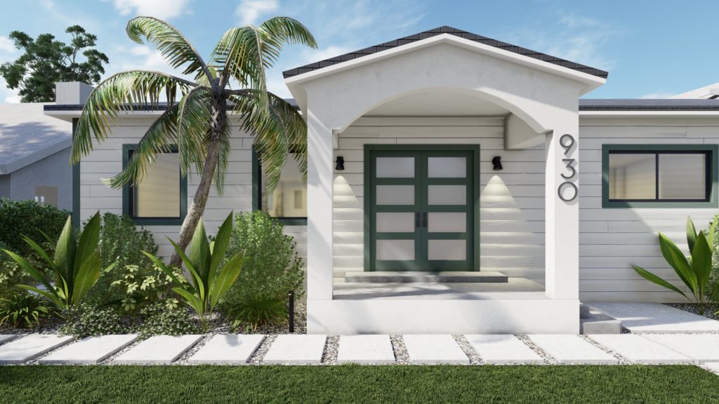 佛罗里达州迈阿密海滩的庭院景观设计，带有现代前门和户外照明的小前廊beplay手机官网app