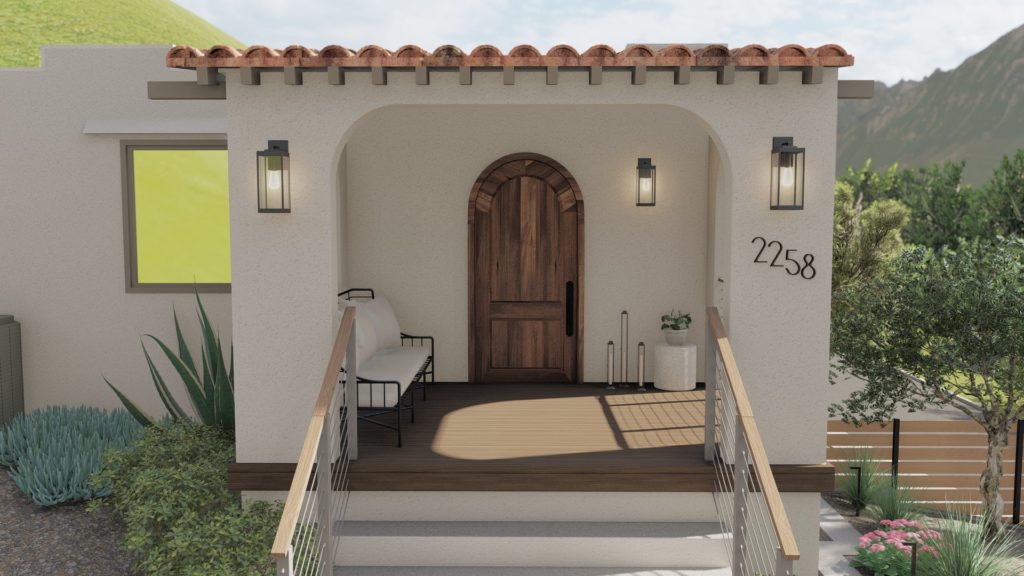 西班牙风格的家，小前廊与黑色金属沙发在庭院景观设计beplay手机官网app