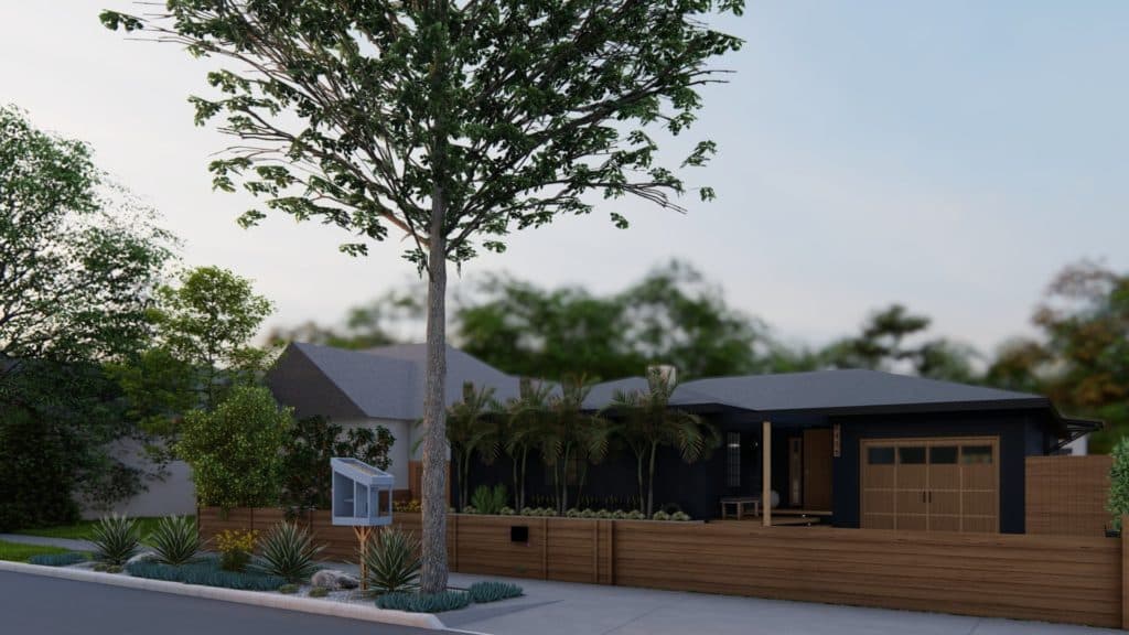 黑色的房子，木色的车库门，沿着房子外面种植的棕榈树，和不透明的木制前院栅栏。