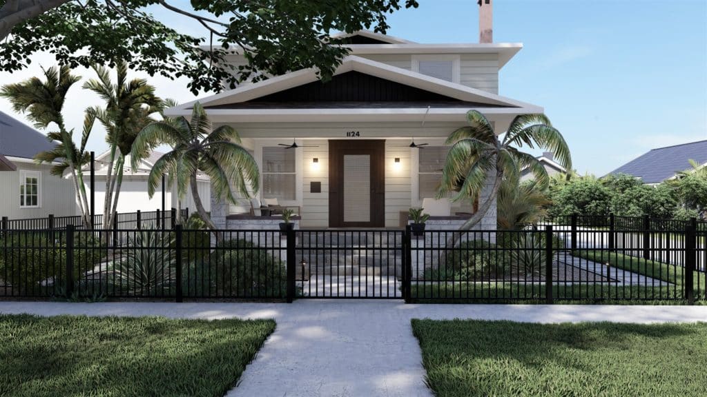 白色平房风格的家与热带植物在前院和垂直后金属栅栏