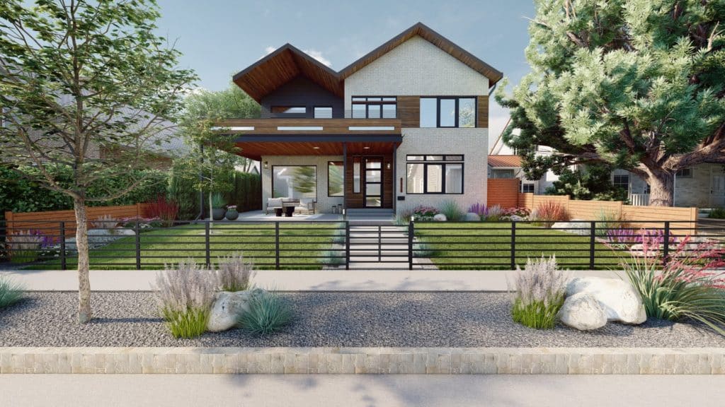 现代风格的家，有盖的露台座位区，五颜六色的植物床，草坪，和黑色金属前院栅栏