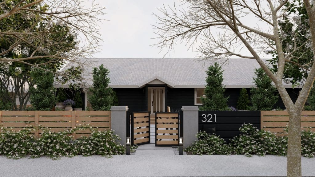 现代黑色牧场风格的家与垂直板木栅栏和混凝土柱两侧的前院大门