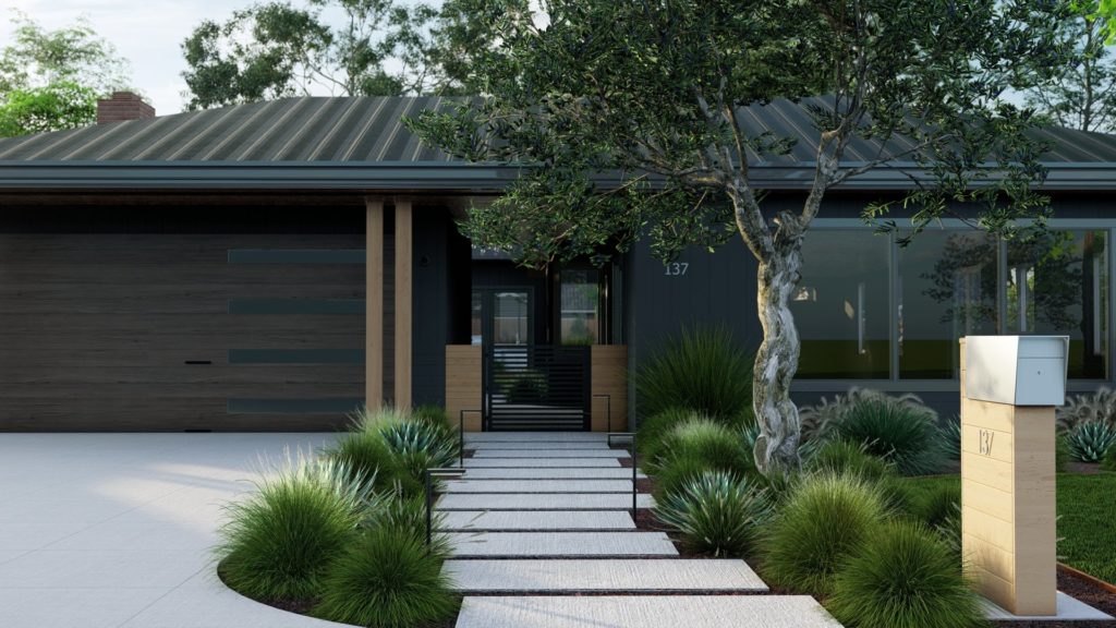 现代的黑色住宅，深色的木质车库门和大窗户，前面的大混凝土铺砌小路，两旁是翠绿的观赏草