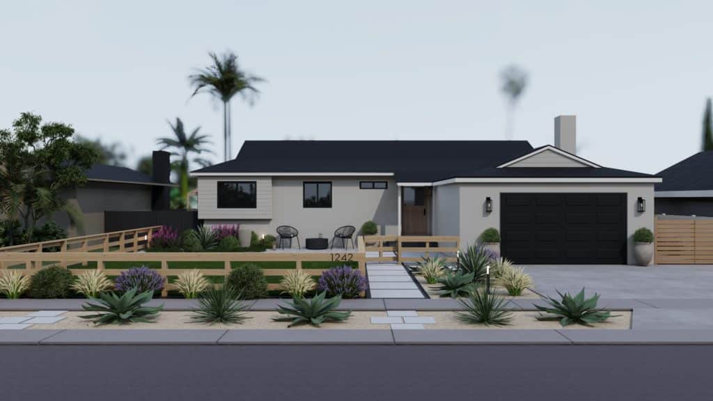 现代风格的家，黑色的外观细节，前院五颜六色的植物，和横向木板木栅栏与宽的间隙。