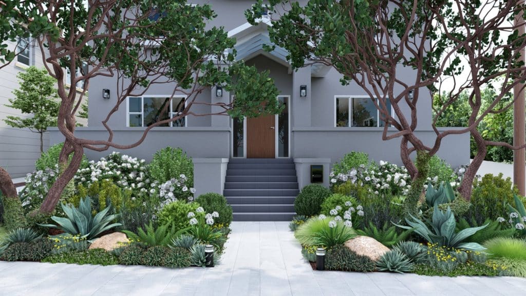 前院设计为灰色的家庭与郁郁葱葱的植物，包括树木，地被植物，草，和开花灌木