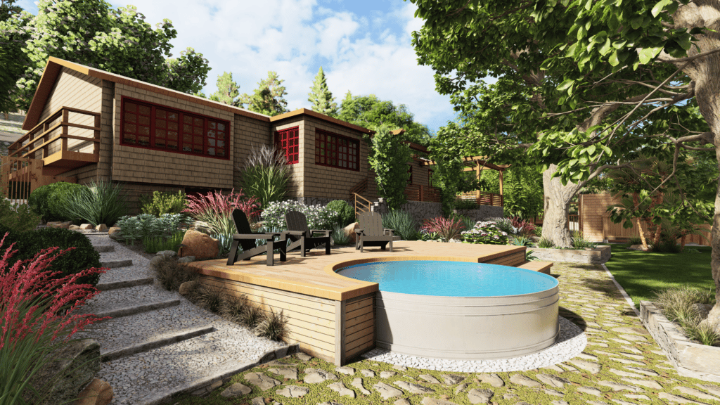 3D渲染的后院设计与木制热水浴缸和躺椅甲板