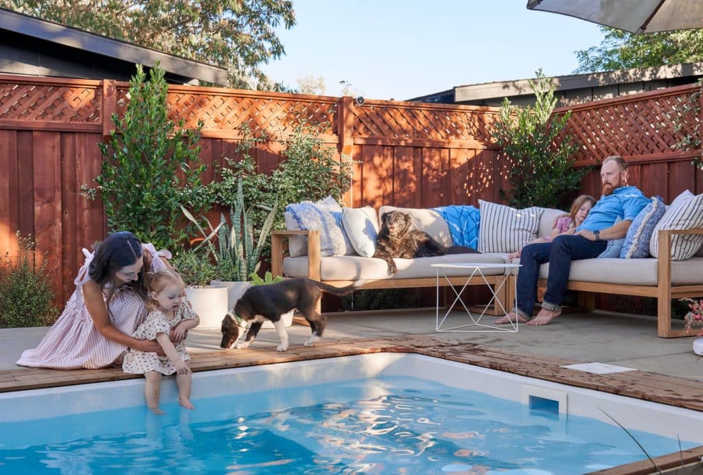 家人和狗在后院享受跳水池